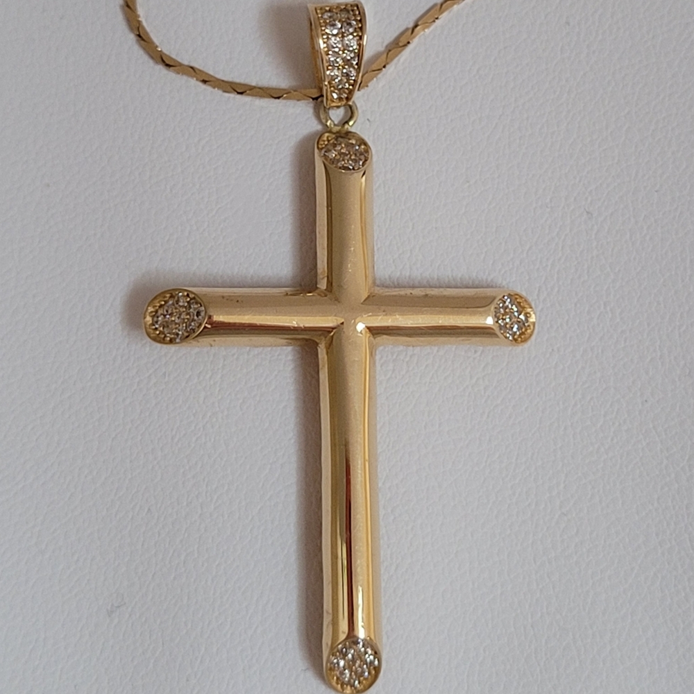 10k Real Yellow Gold Cross Pendant & White Topaz, 2" Height.